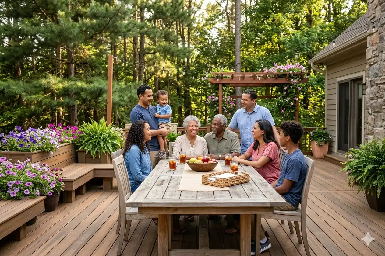 Family posing for outdoor photos on a backyard deck